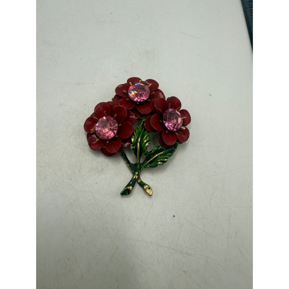 Vintage Red Enamel Flower Bouquet Brooch Pink Rhinestone Gold Tone Floral Pin